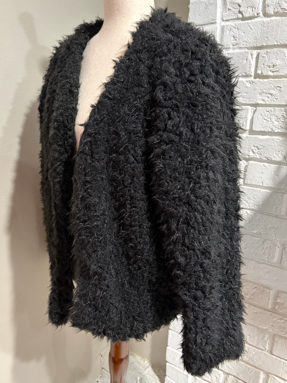 Miss London Black Fuzzy Open-Front Women's Jacket